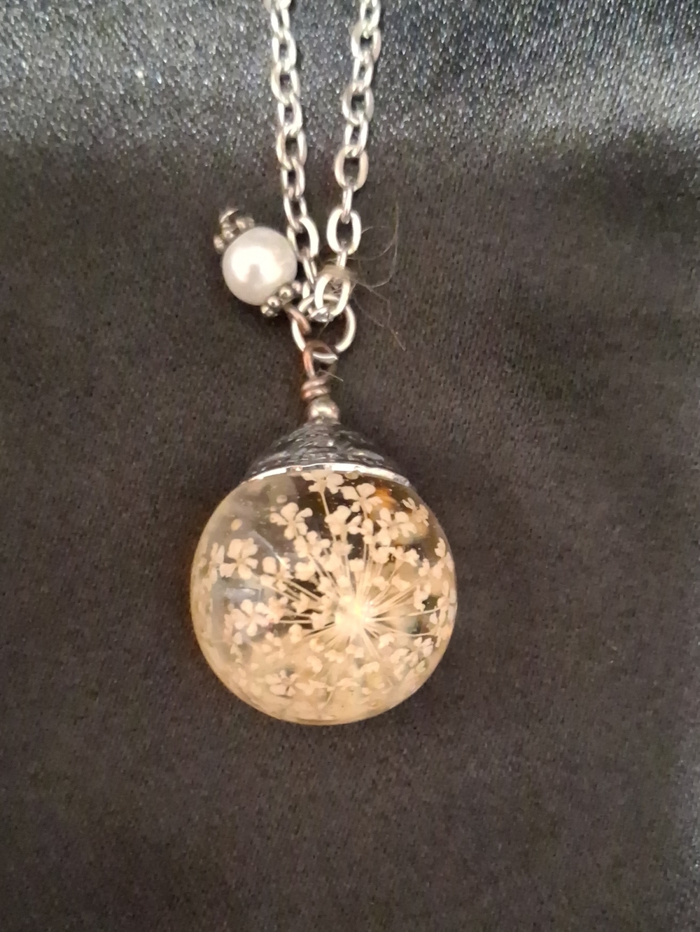 Delicate Glass Queen Anne's Lace Resin Orb Necklace - Clear Cream - Pearl Accent
